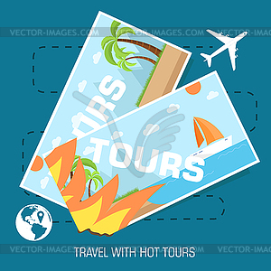 Flat travel with hot tours tickets design concept b - vector image