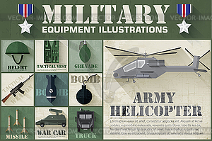 Army concept of military equipment flat icons - royalty-free vector clipart