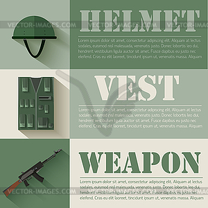 Flat military soldier equipment set design - vector clip art