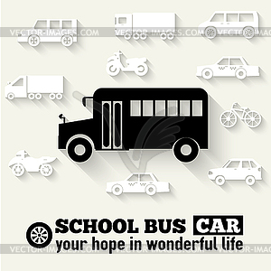 Flat school bus background concept. Tamplate for we - white & black vector clipart