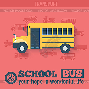 Flat school bus background concept. Tamplate for we - vector clip art