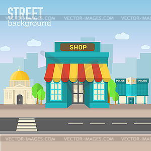 Shop building in city space with road on flat syle - vector clipart