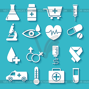 Flat medical equipment set in shape heart icons - vector image