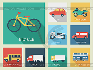 Flat cars concept set icon backgrounds design. Tamp - vector clipart