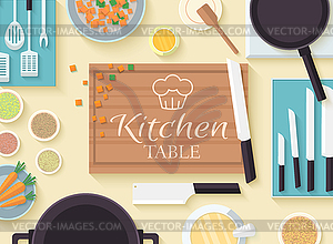 Flat kitchen table for cooking in house desi - vector clipart