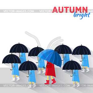 People with umbrella in autumn raining day - vector clipart