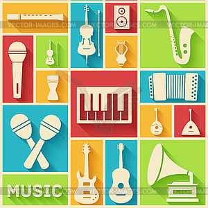 Flat music instruments background concept. - color vector clipart