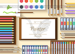 Flat art painter workshop with paint supplies - vector clipart