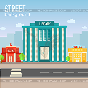 Library building in city space with road on flat - vector image