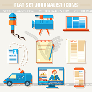 Flat set of equipment for journalism background - vector image