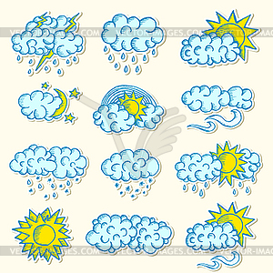 Hand painted sketch sticekr line weather set icons - vector image