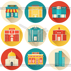 Flat colorful sity buildings set. Icon background - vector clipart / vector image