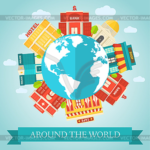 Flat colorful sity around of world buildings. Icon - vector clipart