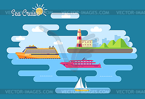 Set of flat yacht, scooter, boat, cargo ship, - vector clip art