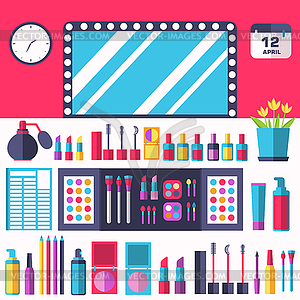 Flat women makeup cosmetics lying on table with - vector clip art