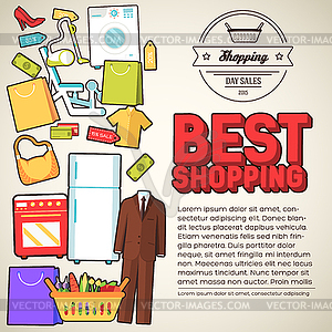 Many object purchased in shop. Shopping abstract - vector image