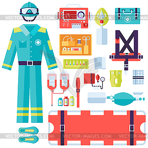 Medical rescue uniform and set first aid help - vector clip art