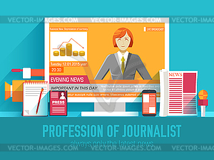 Global news information equipment for journalist - vector image