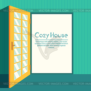 Vintage living colorful open door on house - vector clip art