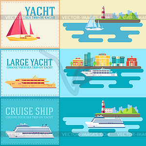 Set of flat yacht, scooter, boat, cargo ship, - vector clip art