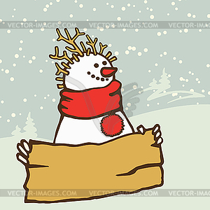 Snowman wearing scarf with board for writing - vector image