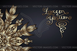 Round lace pattern in gold on dark background with - vector clipart