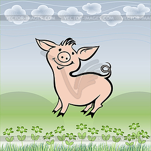 Pig on field. drawing - vector image