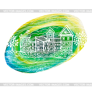 Fantasy town. Watercolor sketch - vector image