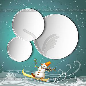 Greeting card with snowman on snowboard - vector clipart