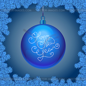 Christmas ball on blue background with fir branches - vector image