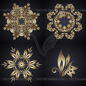 Set of round lace element in gold on dark background - vector clipart