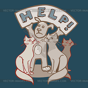 Dog and cats asking for help - vector image