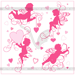 Set of silhouettes of cupids Valentines Day - vector clipart