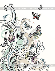 Background with flowers and butterflies - vector image