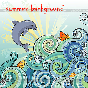 Summer backgrpund with waves and dolphin - vector clip art