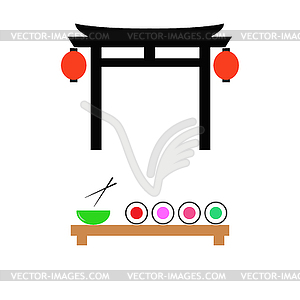 Japanese gate and a table with sushi.  - vector image