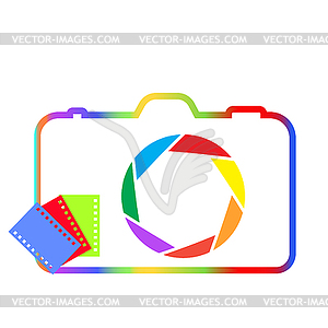 Beautiful camera with film on a white background. - vector image