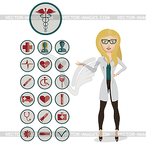 Woman doctor with medical icons - vector clip art