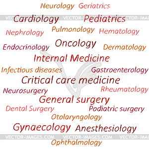 Облако тегов, речь баннер медицинских отраслей - векторный рисунок
