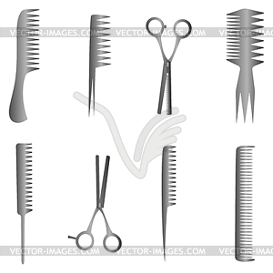 Set of hair salon tools with scissors and comb - vector clip art