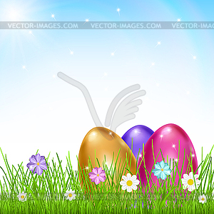 Three multicolored eggs in grass with flowers - vector clip art