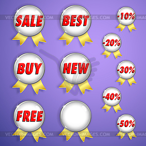 Set of white shiny buttons with ribbons on sale - vector clipart