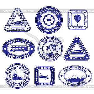 Set of scratched stamps on travel and tourism - vector clip art