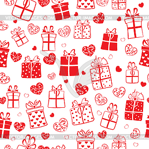 Seamless pattern of hearts and gift boxes - vector image