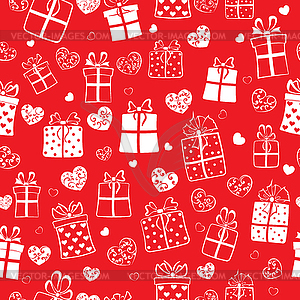 Seamless pattern of hearts and gift boxes - vector clip art