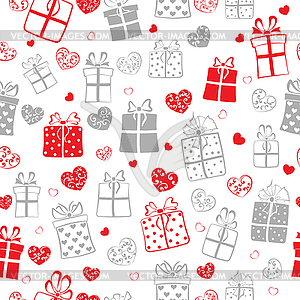 Seamless pattern of hearts and gift boxes - vector image