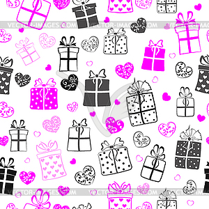 Seamless pattern of hearts and gift boxes - vector image