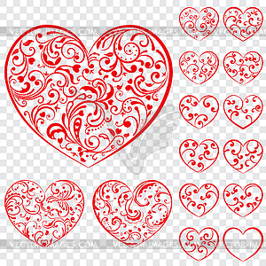 Set of red hearts made of curls - color vector clipart