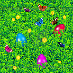 Background with grass, easter eggs, flowers and - color vector clipart