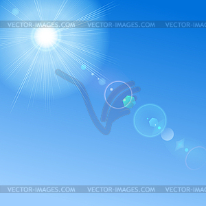 Blue sky with sun and lens flare - vector image